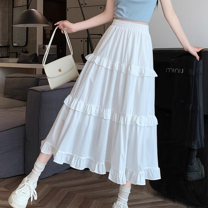百搭白色半身裙新款荷叶拼接小个子a字裙高腰显瘦中长款裙子