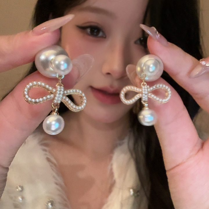 铜合金耳饰 轻奢蝴蝶结珠珠耳钉气质优雅耳环温柔甜美高级感耳饰