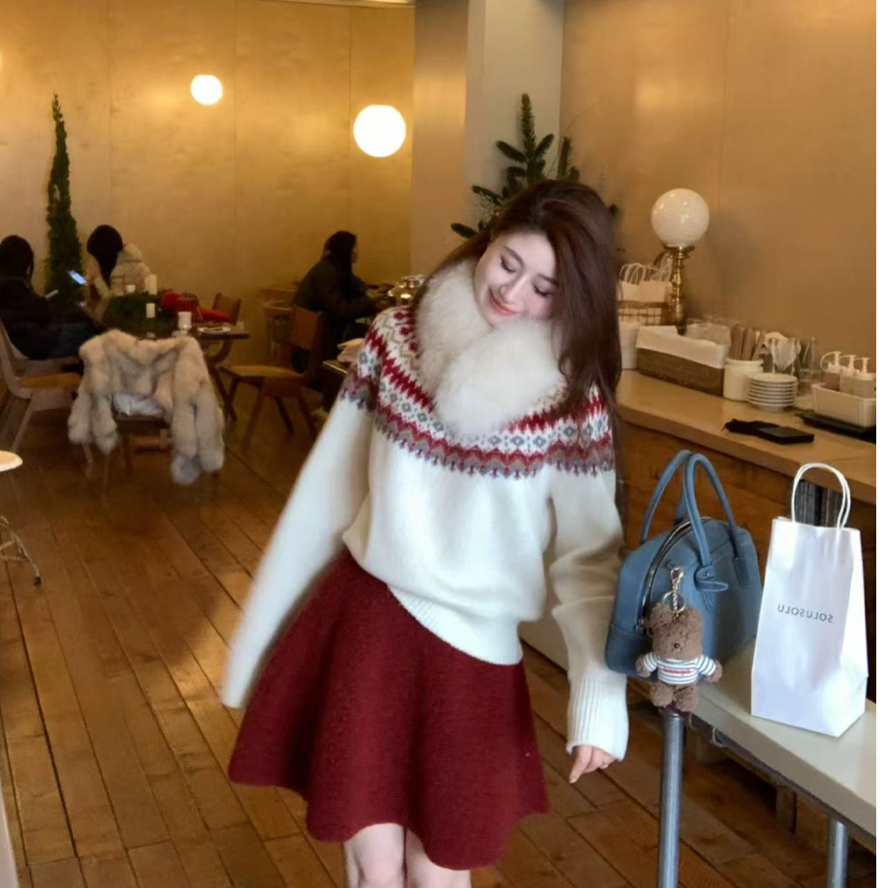 2026秋冬新款氛围感费尔岛提花打底针织衫女毛衣百搭红色半裙套装