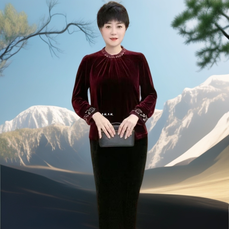 2593中老年丝绒时尚妈妈打底洋气绣花大码衫长袖小衫旗袍春秋国风