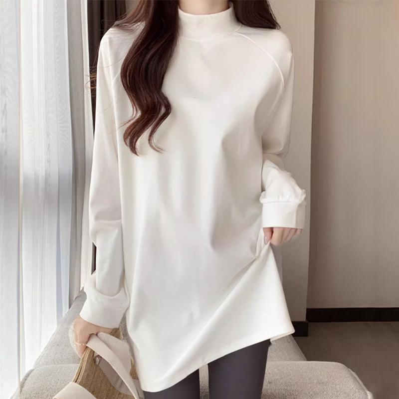 欧货半高领长袖棉质T恤女中长款秋冬加绒加厚韩版宽松上衣百搭潮