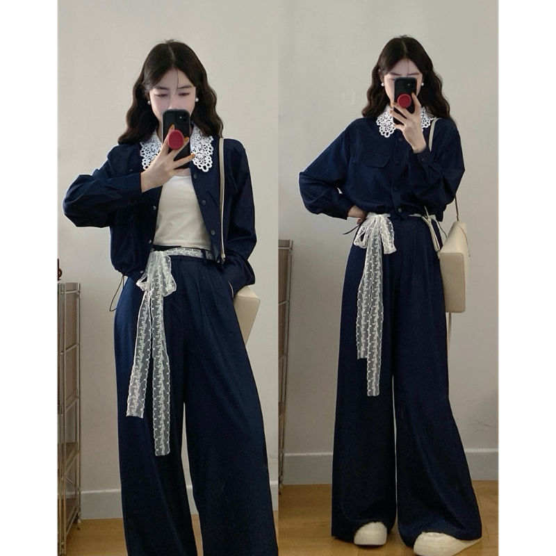 大码秋季新款胖MM复古法式高级感蕾丝拼接外套阔腿裤洋气两件套装