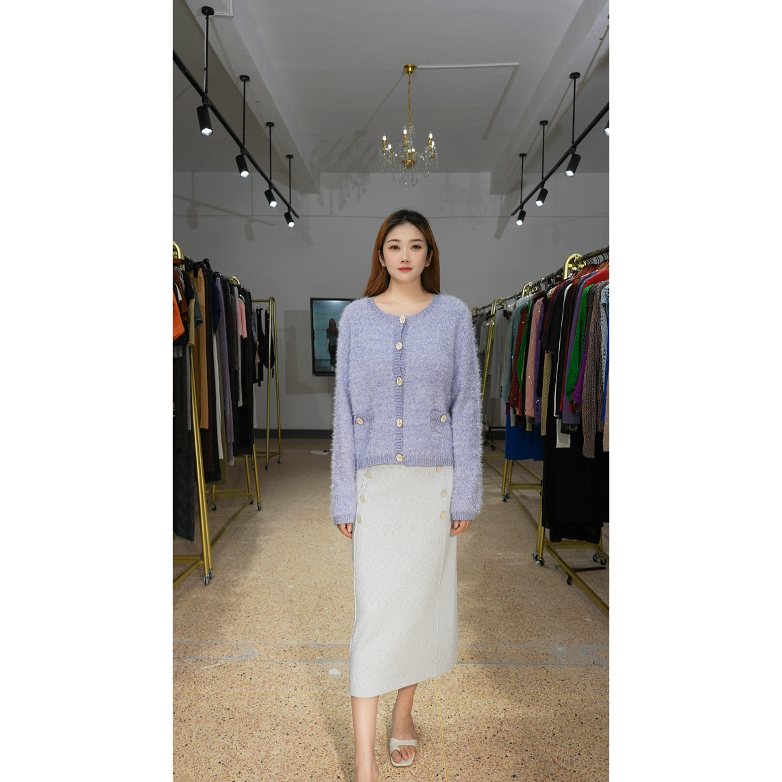 ZHENTISIMAN/WA5006/意大利水晶纱开衫气质蓝色休闲百搭