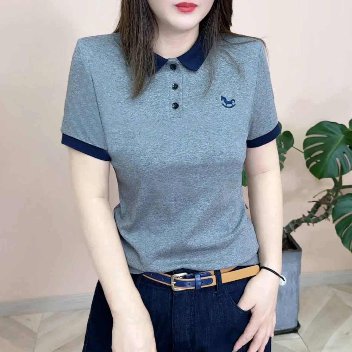 夏季新款设计感短袖气质百搭显瘦减龄套头刺绣POLO领女士休闲上衣