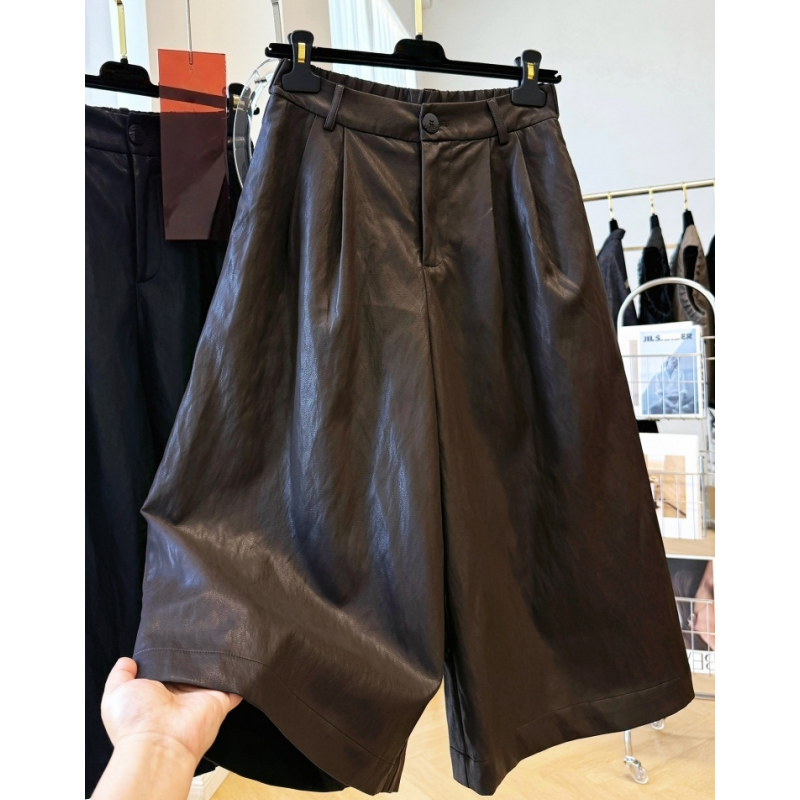 高级感巨好看的松紧腰A字宽松阔腿裤女秋季复古休闲七分裤pu皮裤
