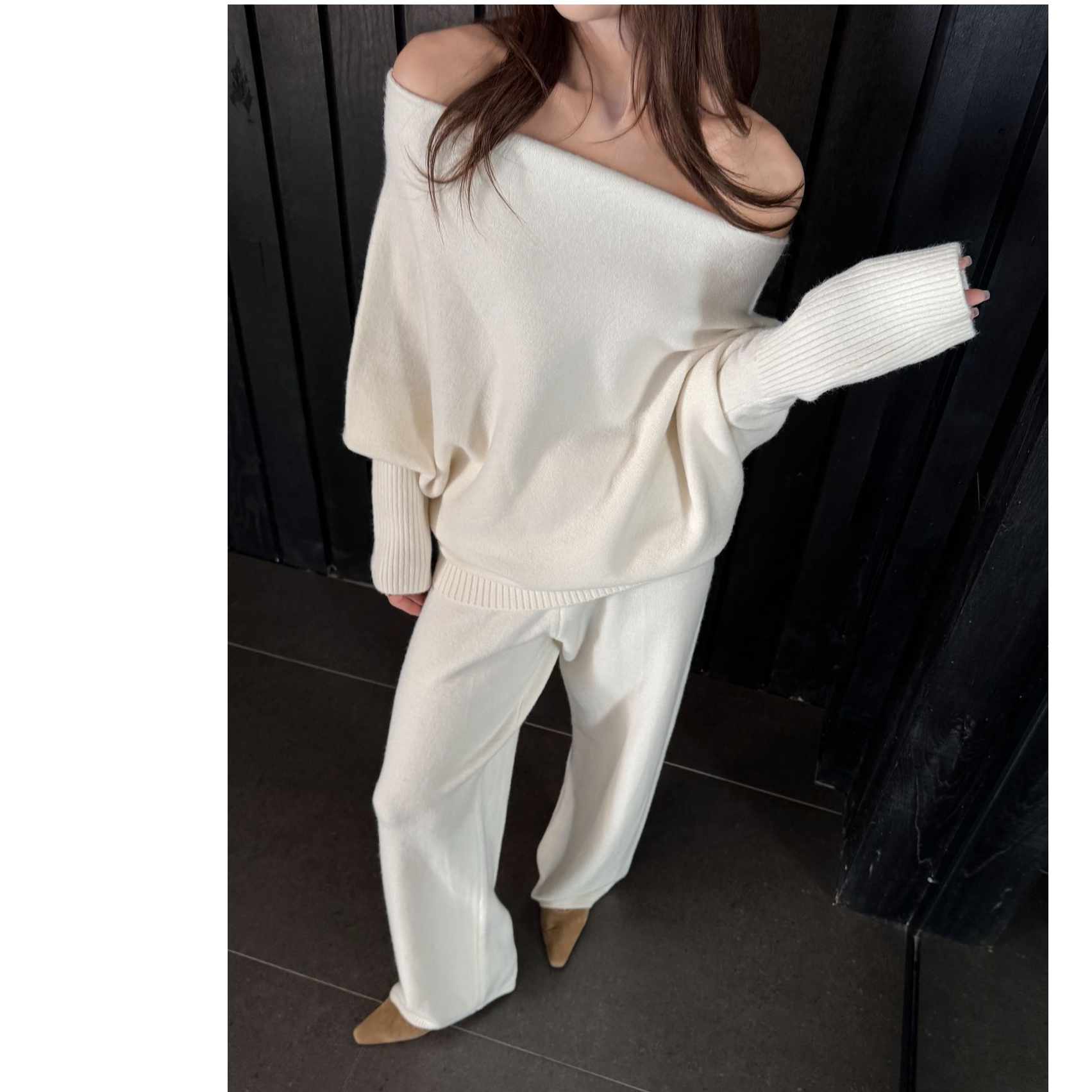 一字肩蝙蝠针织长袖秋季阔腿裤毛针织衫休闲针织衫上衣两件套