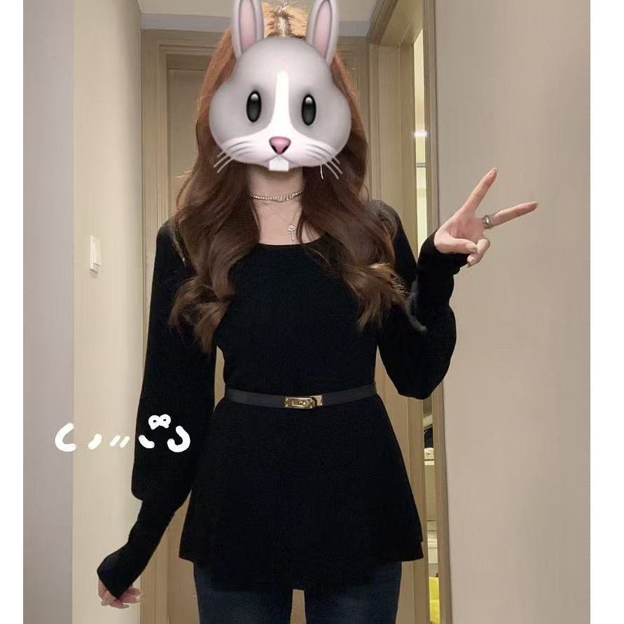 【配腰带】2025秋冬新款显瘦灯笼袖针织打底毛针织衫小众黑色女洋气