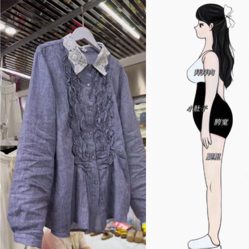 暖暖家秋季新款时尚舒适蕾丝拼接细格子开衫衬衫宽松休闲显瘦长袖