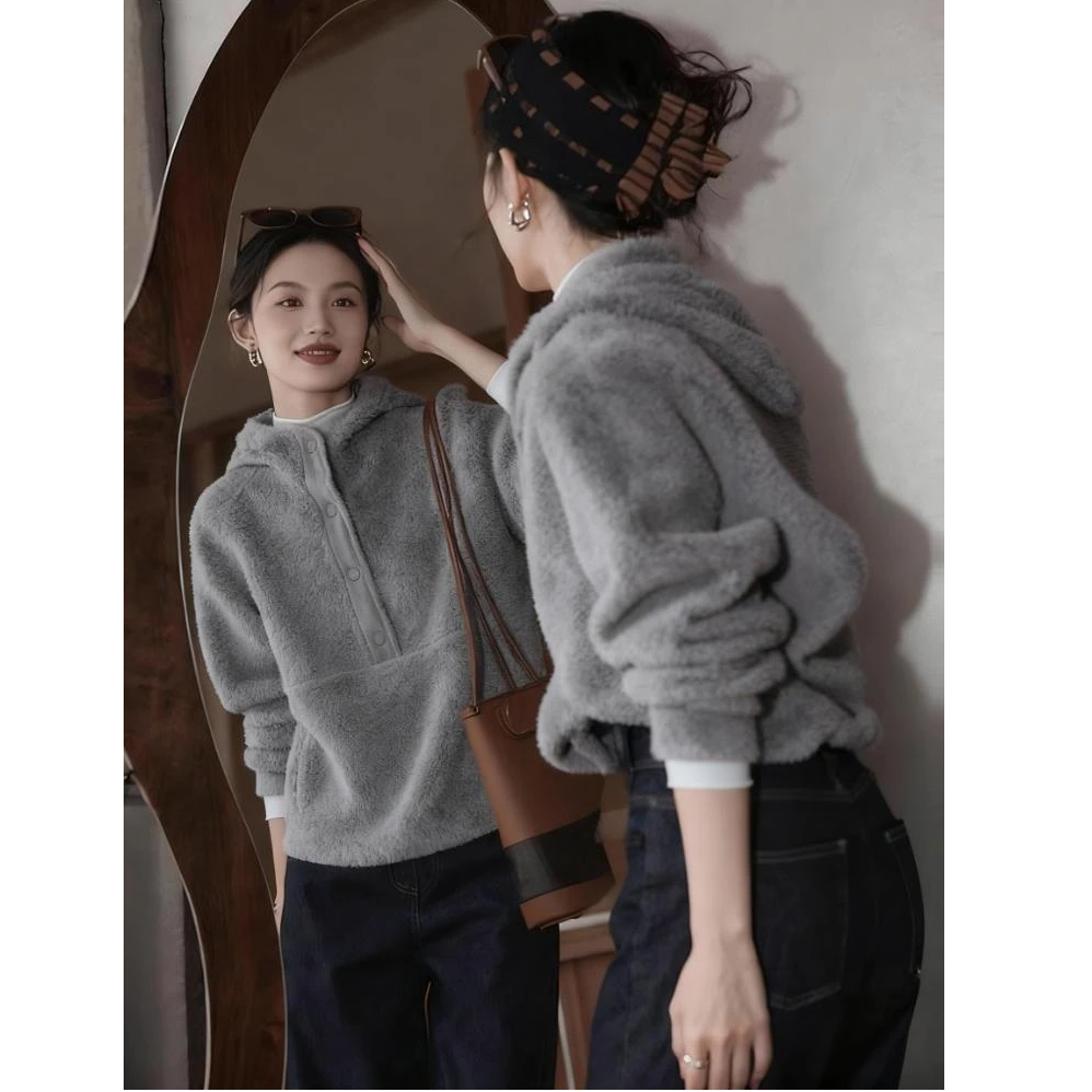 秋冬新款慵懒风连帽衫松弛感百搭不撞款独特别致灰色摇粒绒卫衣女
