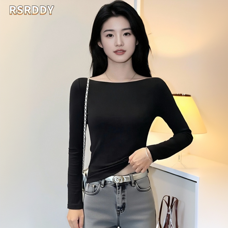 RSRDDY女长袖低领t恤黑色一字肩春秋修身打底衫百搭显瘦露肩上衣