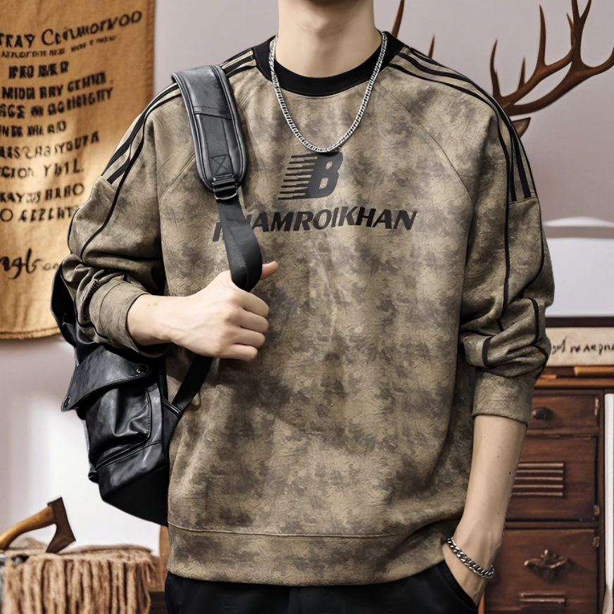 2025春秋条纹印花加绒卫衣男美式潮牌扎染水洗宽松插肩长袖打底衫