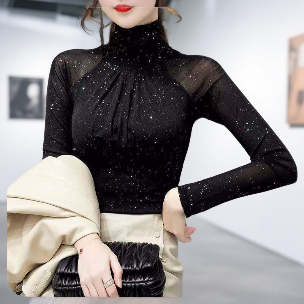 洋气网纱长袖时尚小衫高档打底衫内搭女紧身复古上衣