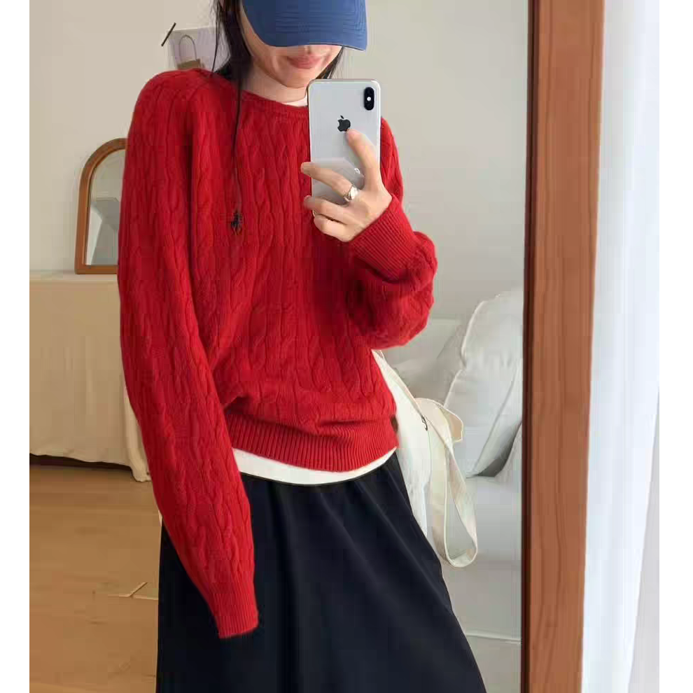 麻花圆领小马刺绣毛衣新款宽松套头毛针织衫纯色显瘦打底衫内搭女