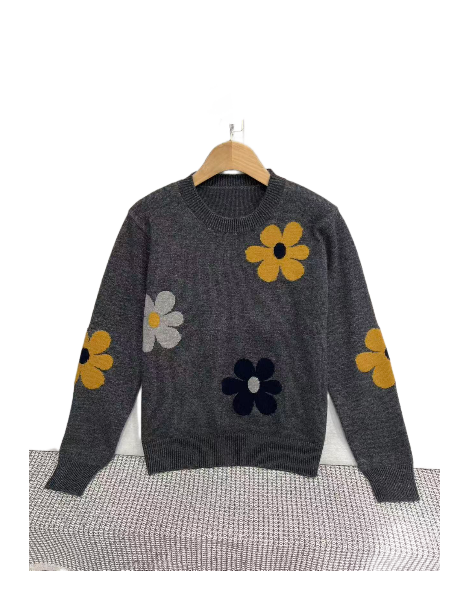 D  785073  套头  简约  休闲  花朵图  百搭  毛针织衫