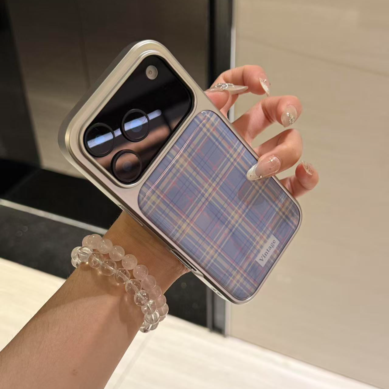 银边滴胶ins紫色格纹适用苹果17promax/iPhone17/16/15/14手机壳