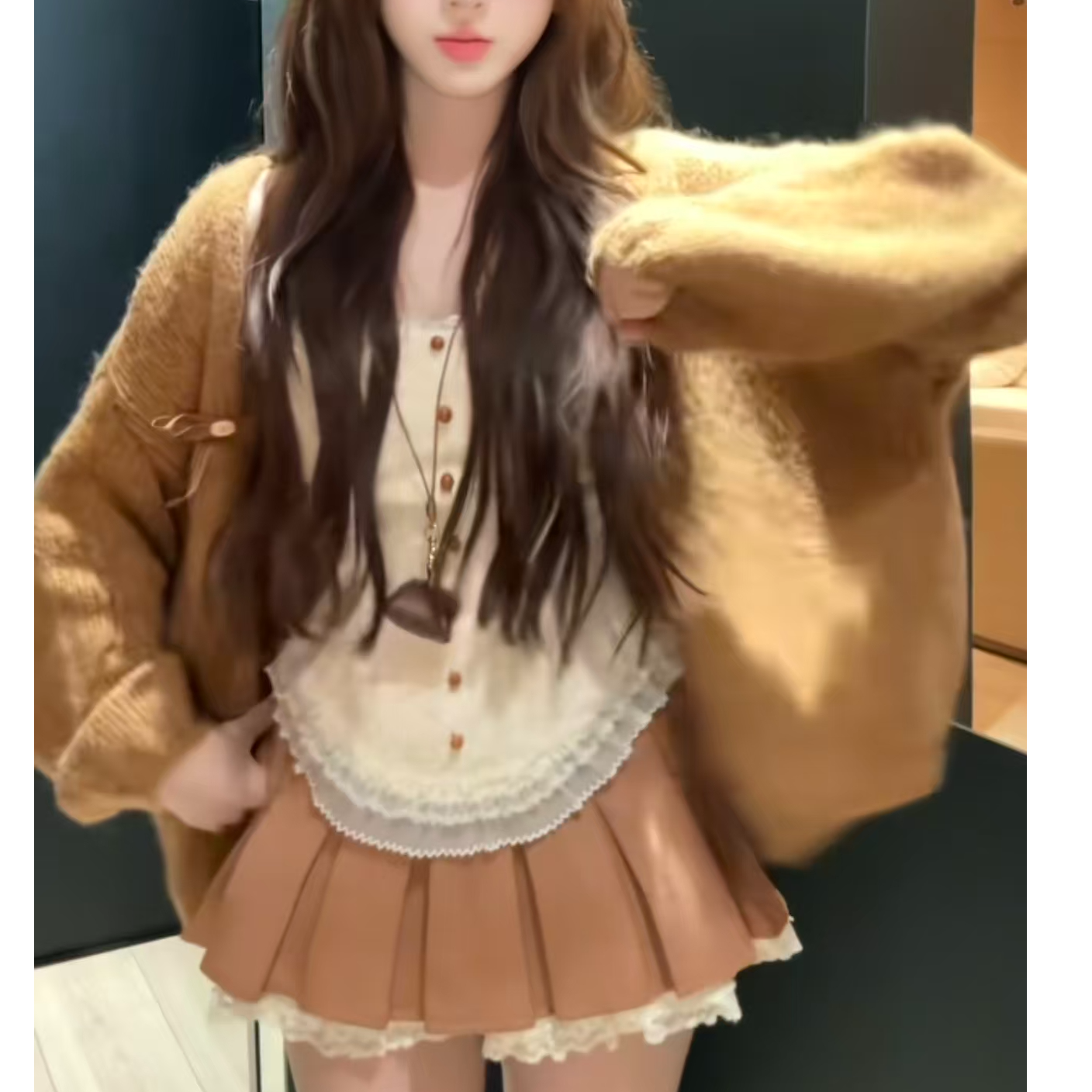 慵懒风长袖开衫外套蕾丝吊带背心女秋季穿搭套装百褶半身裙三件套
