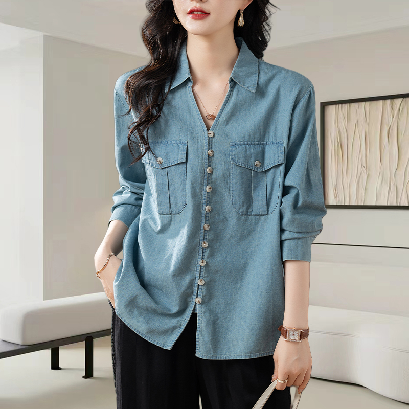 2025秋季新款大码女装牛仔衬衫时尚复古港风气质百搭长袖衬衣上衣