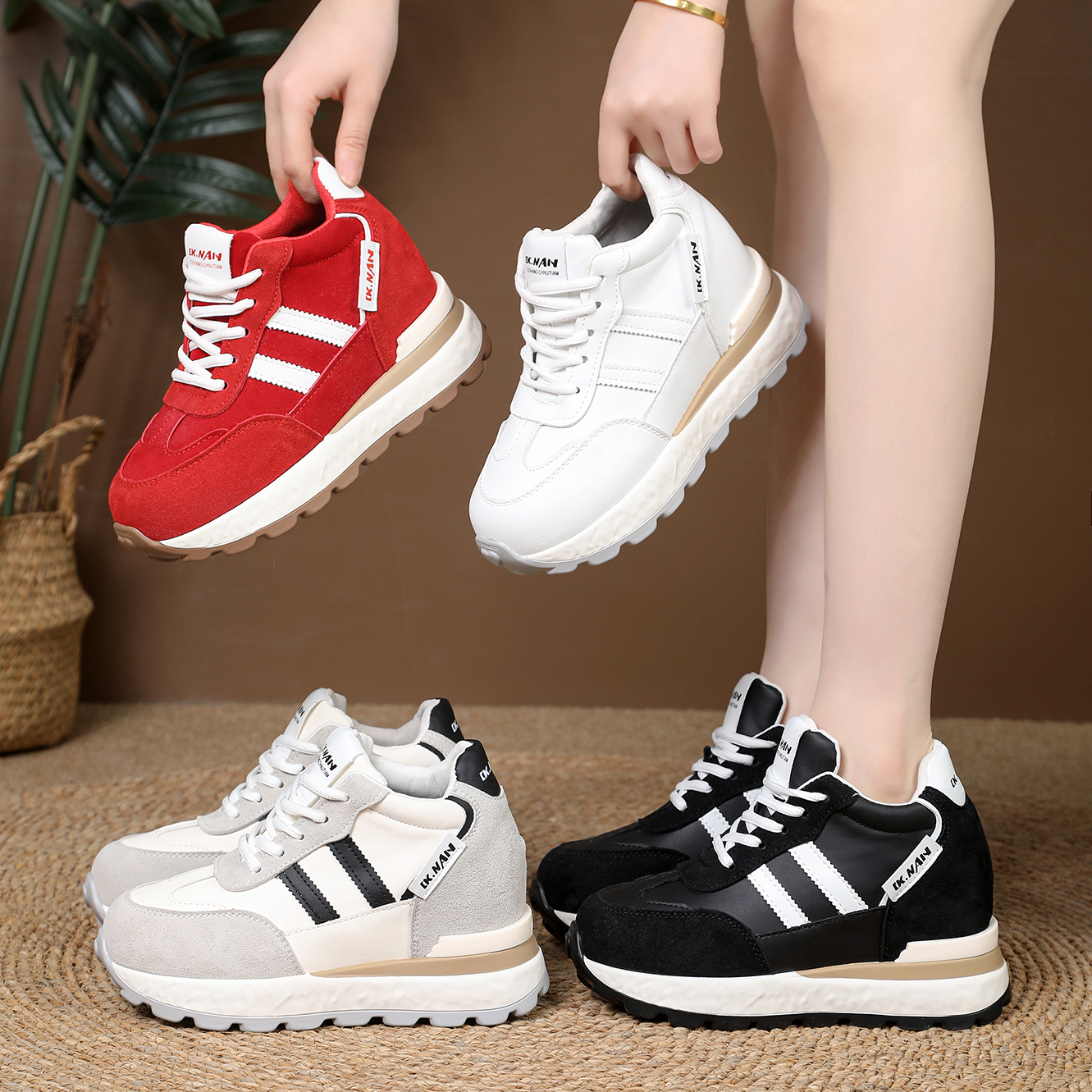 【跟高8CM】厚底内增高小白鞋女鞋2025秋冬爆款百搭德训鞋休闲鞋ins