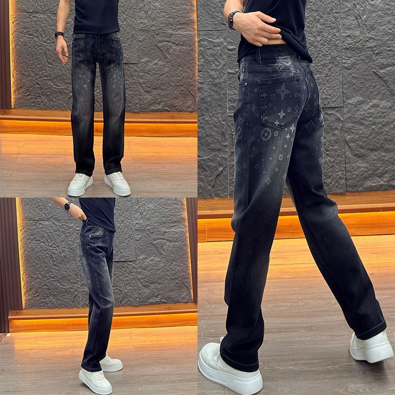 秋冬复古印花牛仔裤男宽松直筒痞帅做旧潮流街头风欧式风爆款裤子