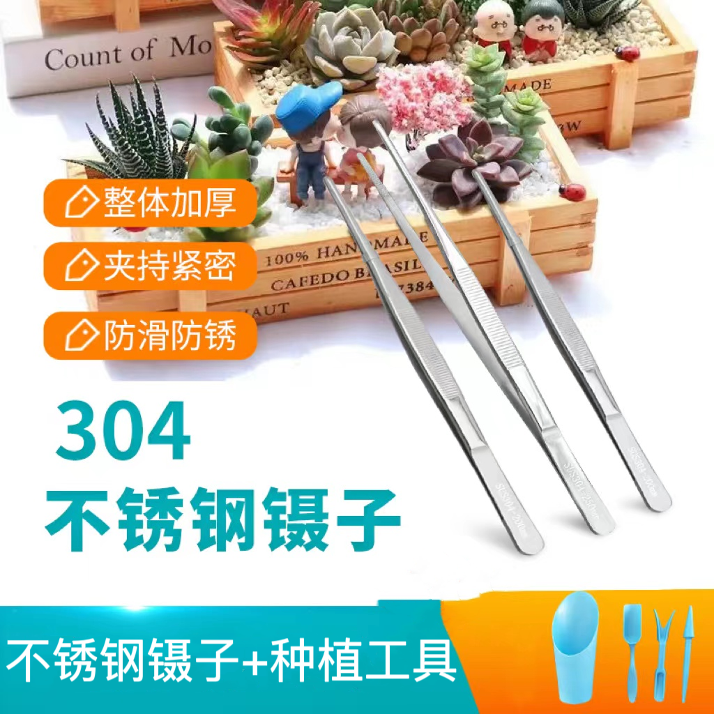 加长加厚304不锈钢多肉专用镊子花卉绿植水草修根上盆防滑夹