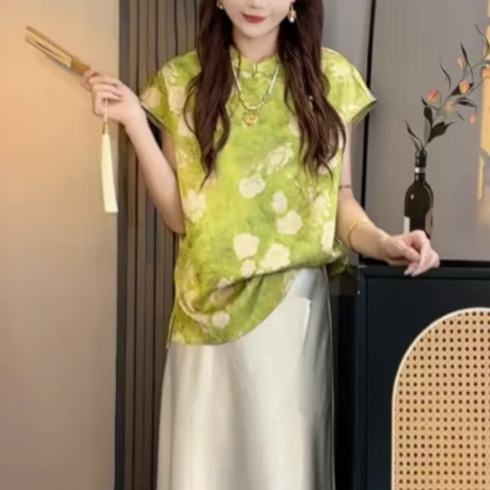 【362~山青花】新中式国风夏季新款复古上衣提花短袖背心减龄显瘦
