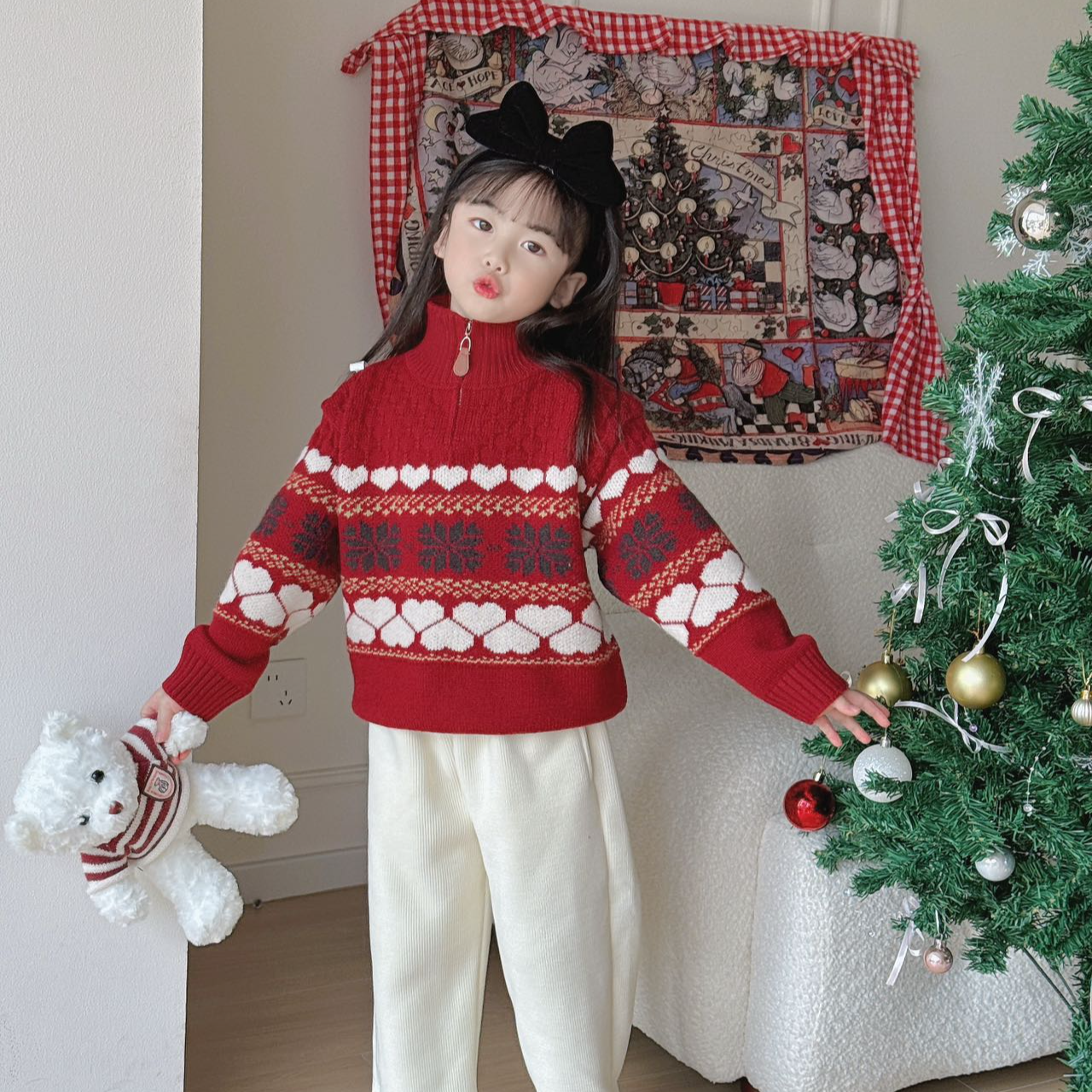 女童慵懒风秋冬加绒加厚针织衫毛衣2025新款年款百搭半拉链中大童