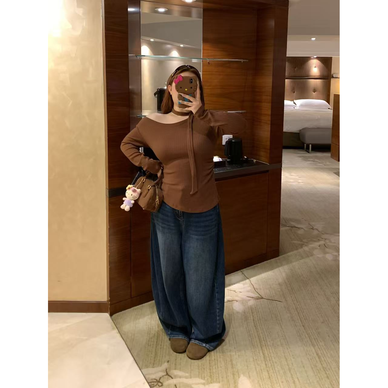 慧芝huizhi 2969飘带针织衫 定制款 斜肩修身微胖显瘦飘带上衣