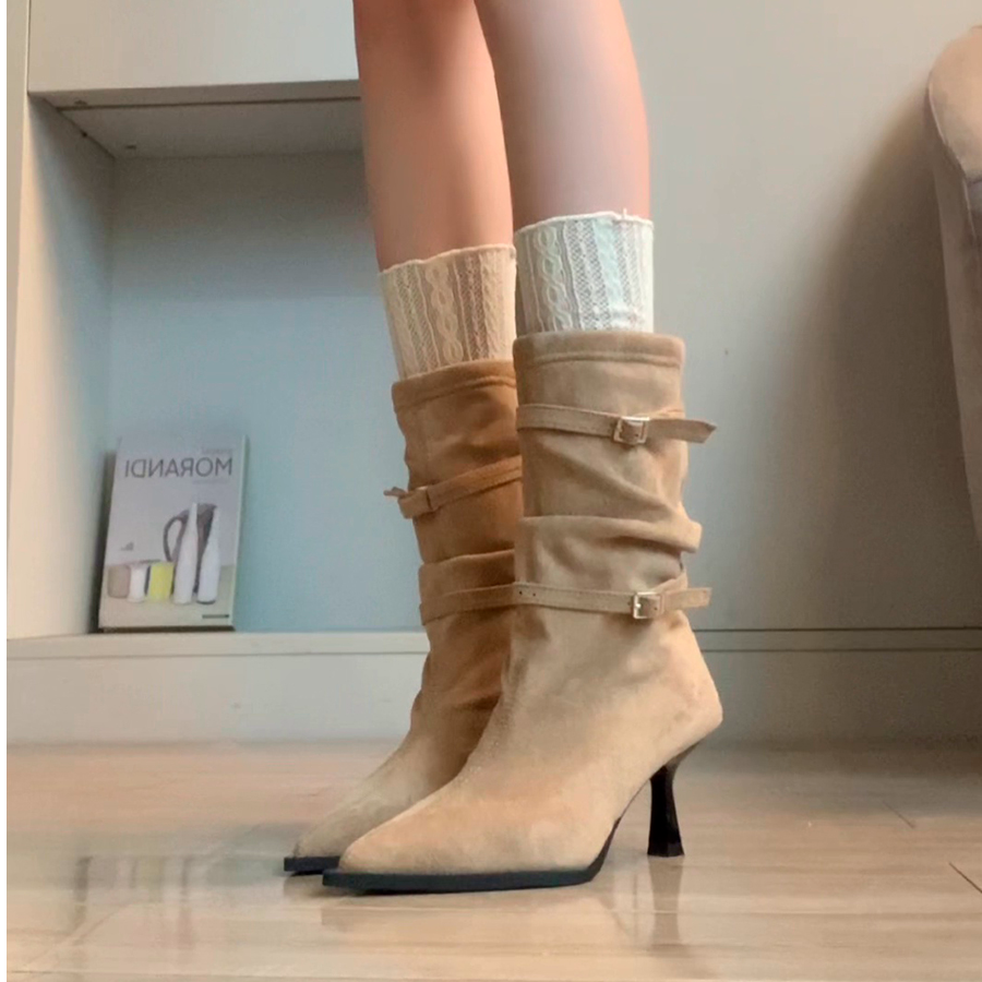 啄木鸟尖头气质复古褶皱堆堆靴显瘦细跟西部靴高跟短靴女瘦瘦靴