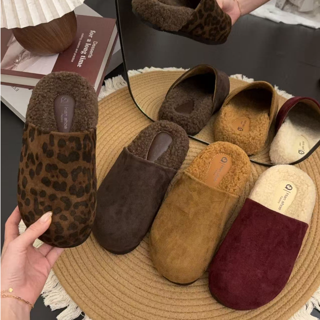 包头拖鞋厚底软底软面豹纹女蒙古绒休闲居家外穿保暖时尚百搭包头
