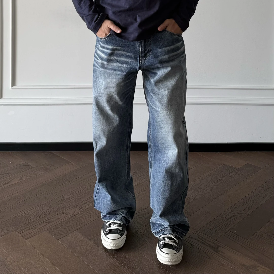美式重磅水洗复古深蓝宽松直筒牛仔裤男立体猫须渐变高级感长裤子