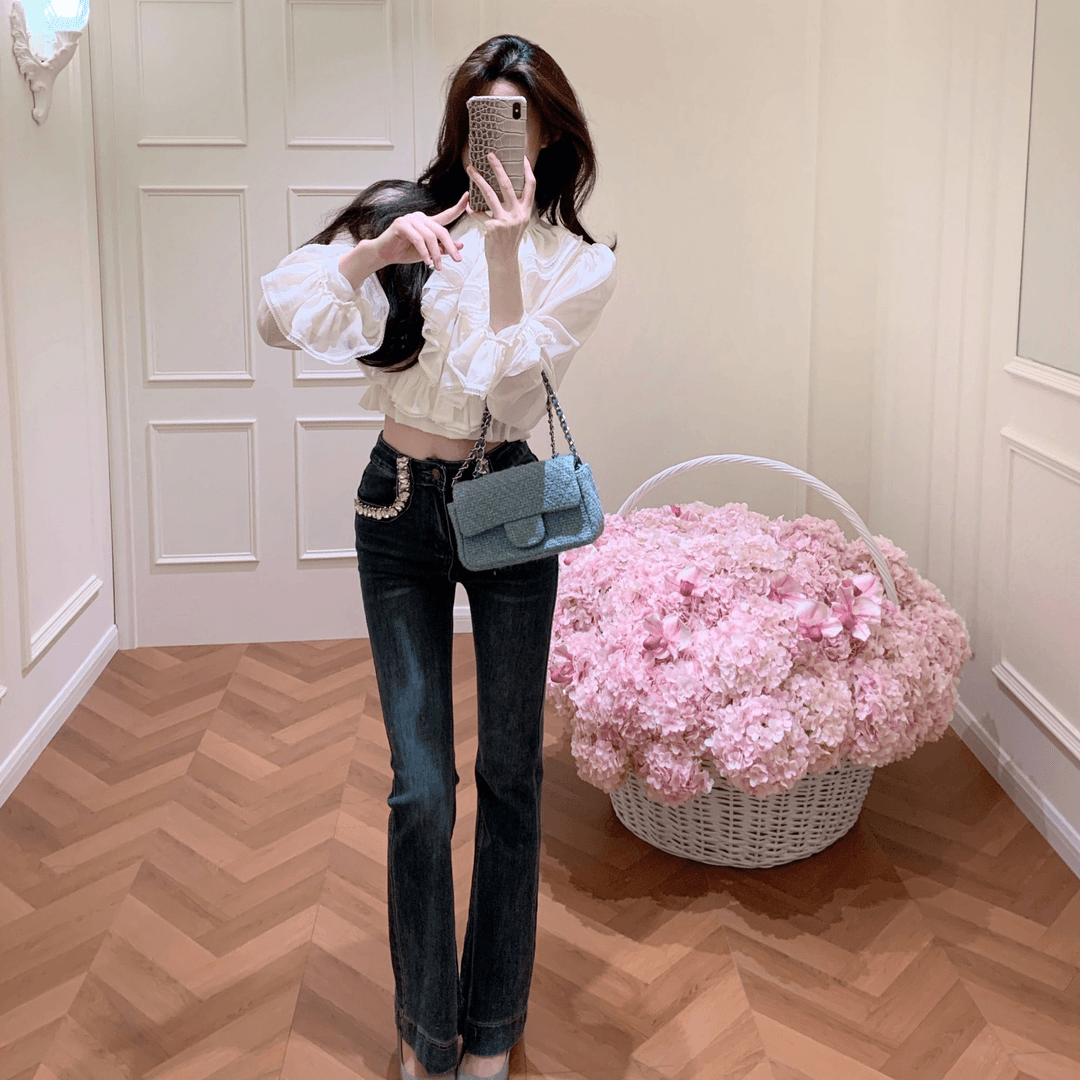 韩系新款时尚白色短款长袖衬衫衬衣女秋季百搭修身显瘦高腰牛仔裤