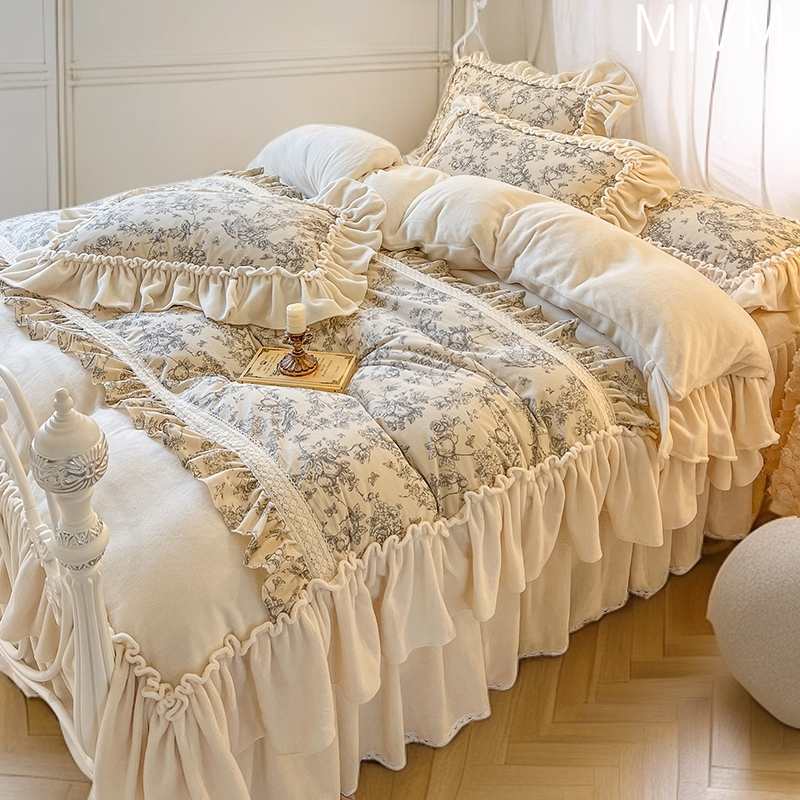 床上四件套公主风褶皱花边珊瑚绒被套仙女床裙法式田园花卉牛奶绒