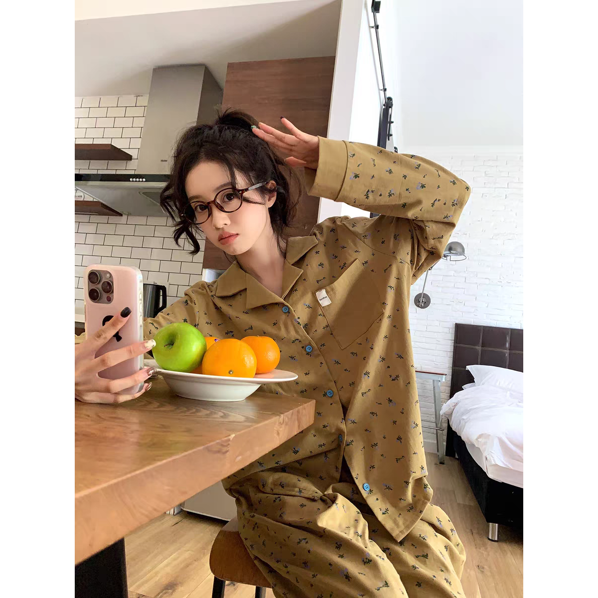 法式复古高雅森女田园风碎花长袖透气舒适睡衣女春秋季家居服套装