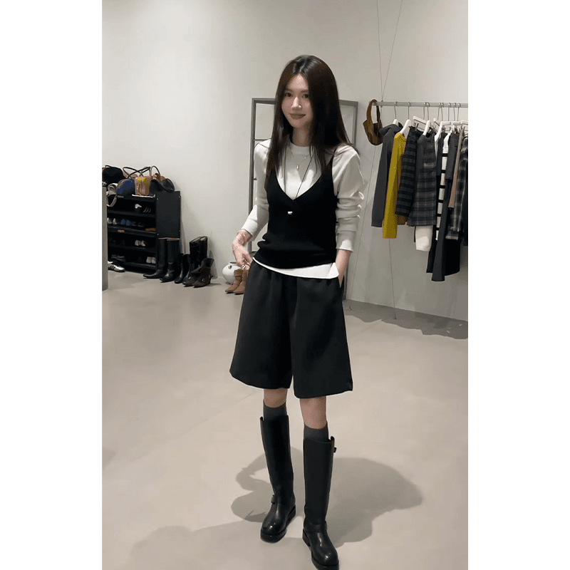 韩系V领针织马甲内搭长袖打底衫女2025新款洋气上衣宽松阔腿短裤