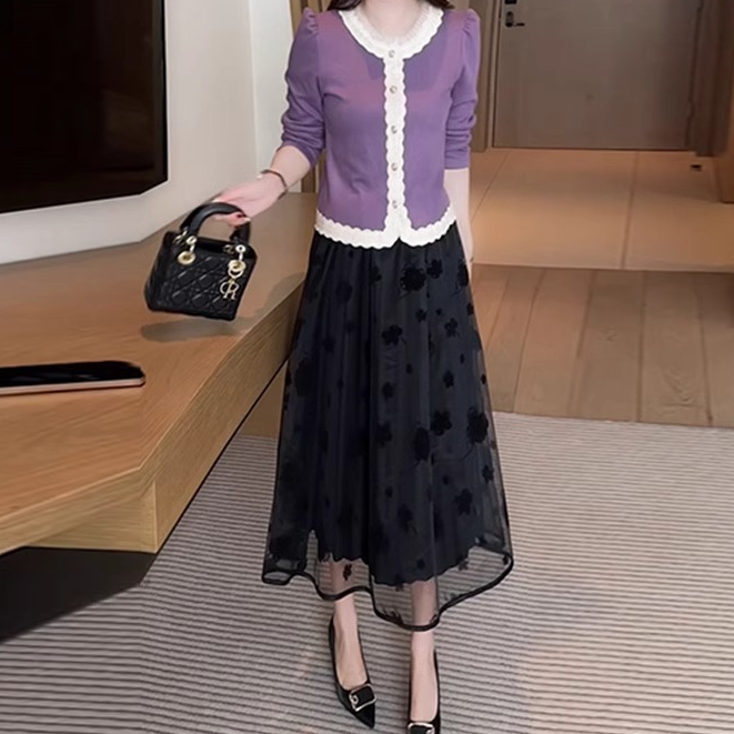 时尚连衣裙套装女2025春季新款洋气长袖T恤网纱半身裙显瘦两件套