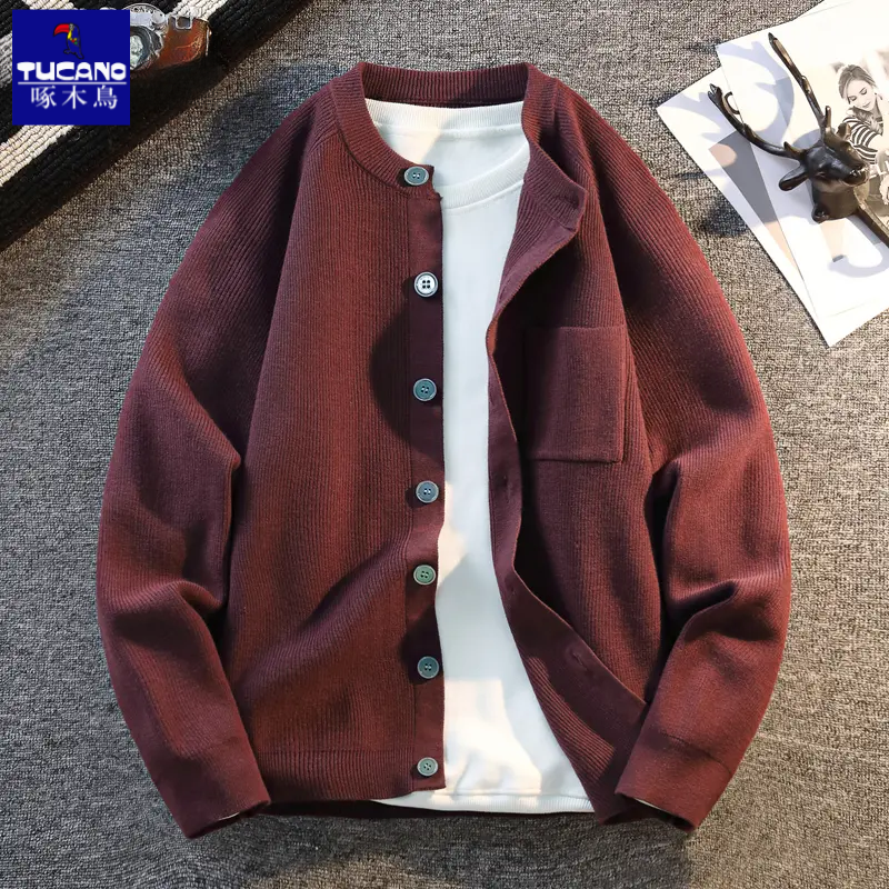 啄木鸟针织毛衣男士春秋季潮牌2025美式复古外套纯色简约口袋设计