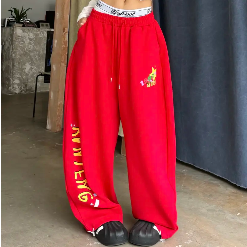 美式辣妹复古红色嘻哈风街舞弯刀卫裤女宽松潮流百搭休闲运动长裤