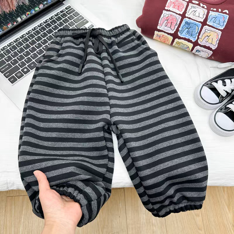 男女儿童秋冬棉质条纹卫裤新款加绒加厚洋气一体裤子百搭宽松裤子