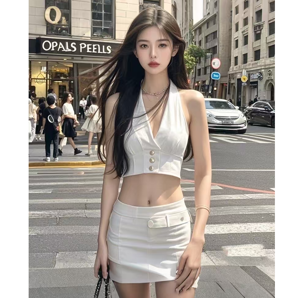 【KEKE】法式挂脖气质辣妹短款百搭性感辣妹无袖上衣女装包臀半身裙