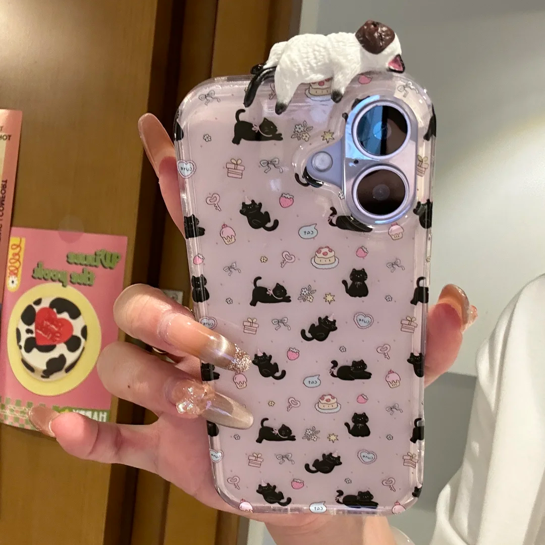 甜品小黑猫适用苹果17promax/16/15手机壳VIVO华为OPPO小米17女壳