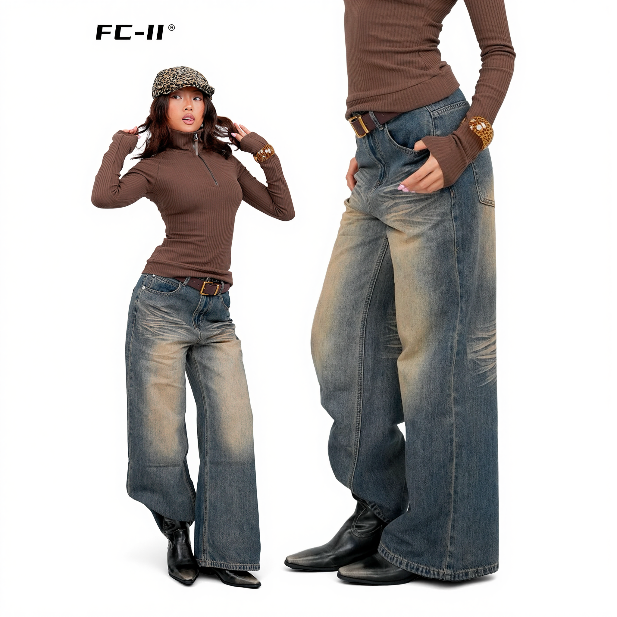 【Fcii】复古直筒牛仔裤高腰wangH4K2730