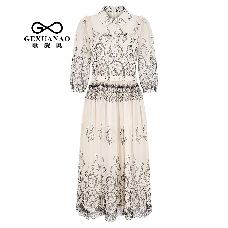 歌旋奥 B+2025夏季新款宫廷风印花翻领泡泡袖连衣裙LYQ0290
