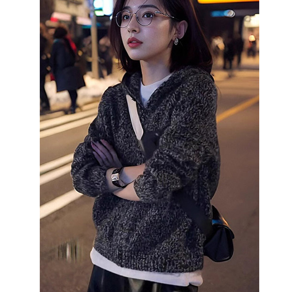 特大码法式连帽设计感上衣毛针织开衫显瘦拉链外套新款潮牌女装