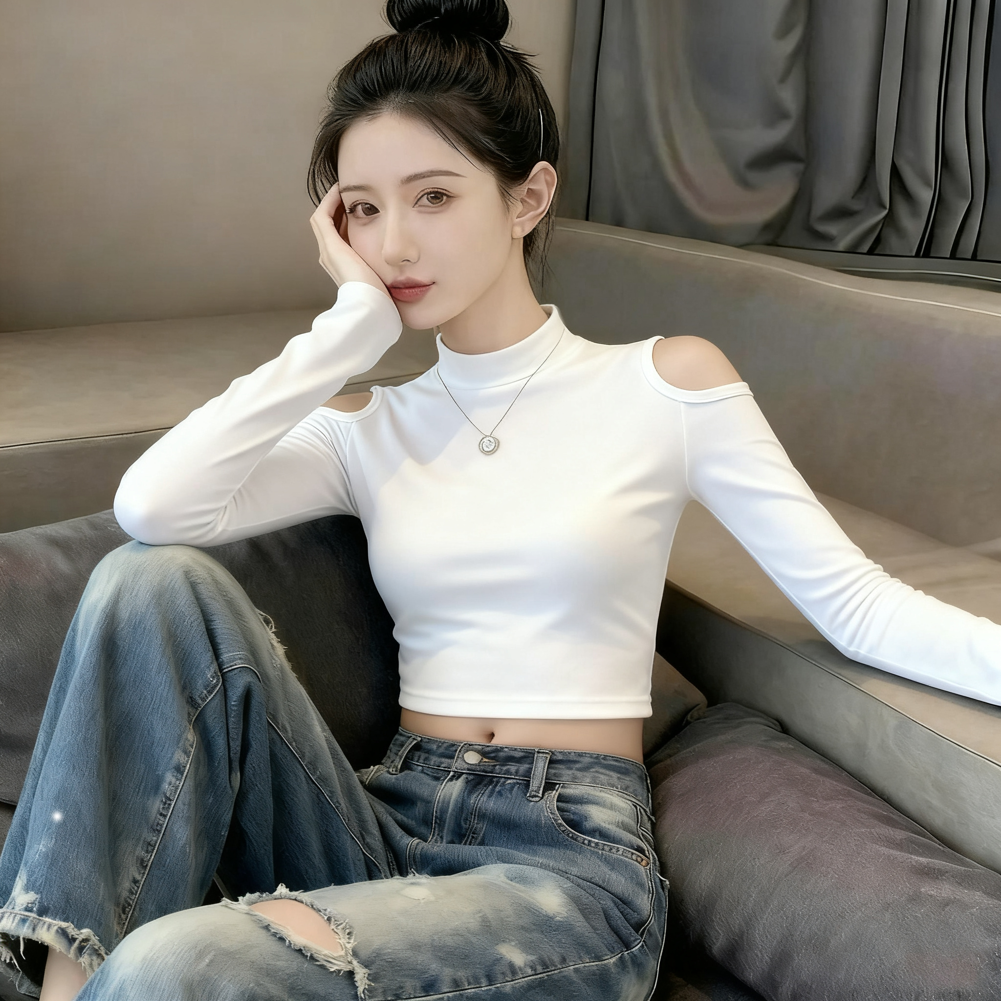 早秋小高领chic独特别致露肩上衣ins设计小众打底衫春秋短款长袖