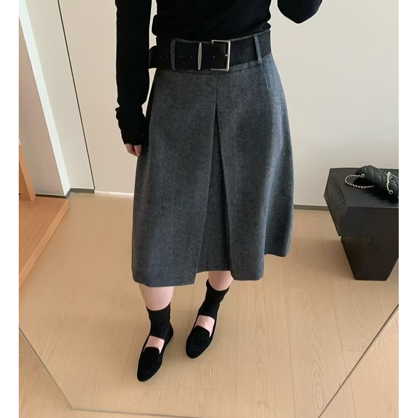 韩系百搭立体单褶微开叉半身裙女秋冬新款肌理感毛呢高腰中长裙