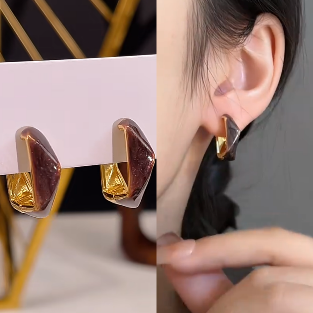 铜合金耳饰 秋冬耳环美拉德色系菱形耳扣小众设计轻奢高级感耳饰