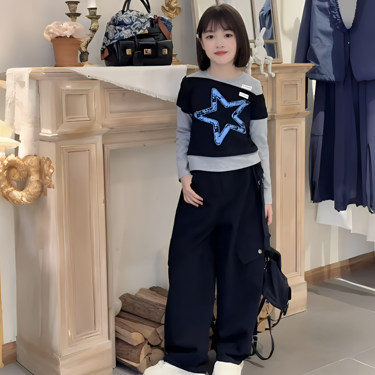 女童春秋款套装2025新款女孩假两件上衣工装休闲裤中大童两件套潮