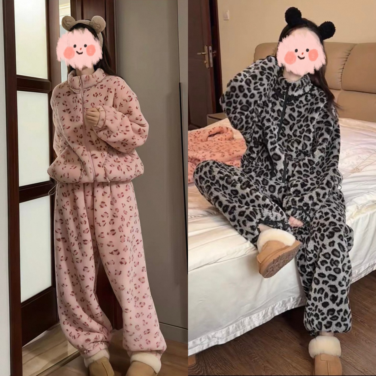 2025冬季保暖宽松豹纹新款设计感休闲时尚加绒加厚服家居服套装女