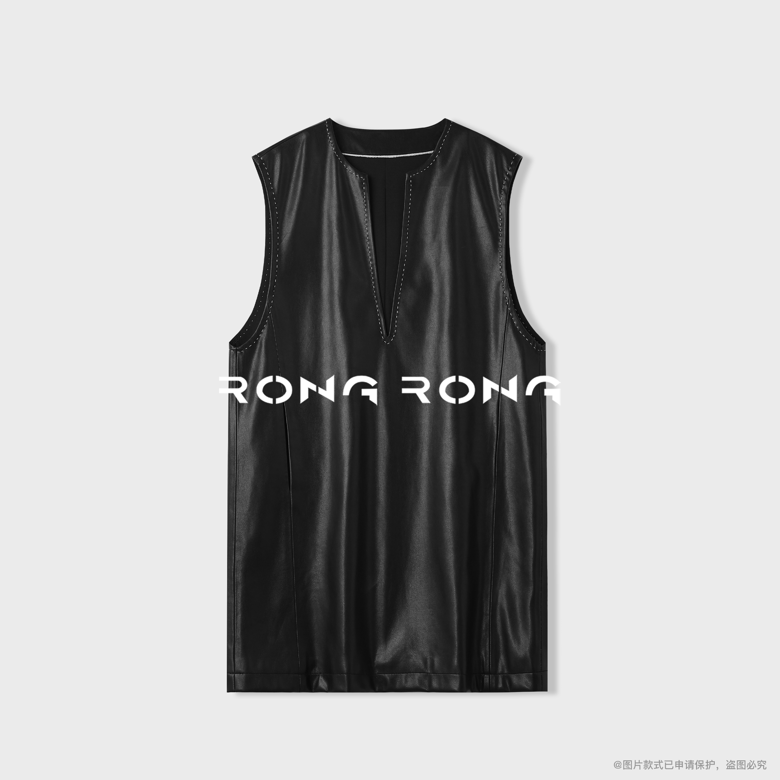 溶溶【精致酷感】RONG V领刺绣皮革法式极简风叠穿马甲裙25C60966