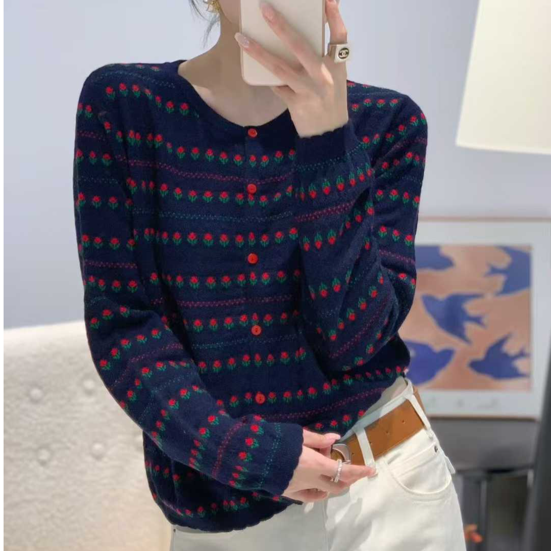 【小花朵条纹藏青开衫】早秋圆领单排扣开衫女韩版气质百搭时尚长袖